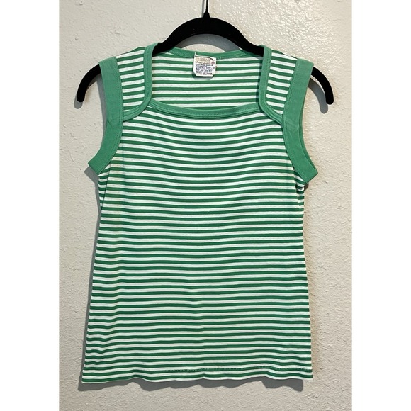 Finest Quality Tops - Vintage 70's/80's Retro T-Shirt Medium Green White Striped Muscle Tee Fits Small